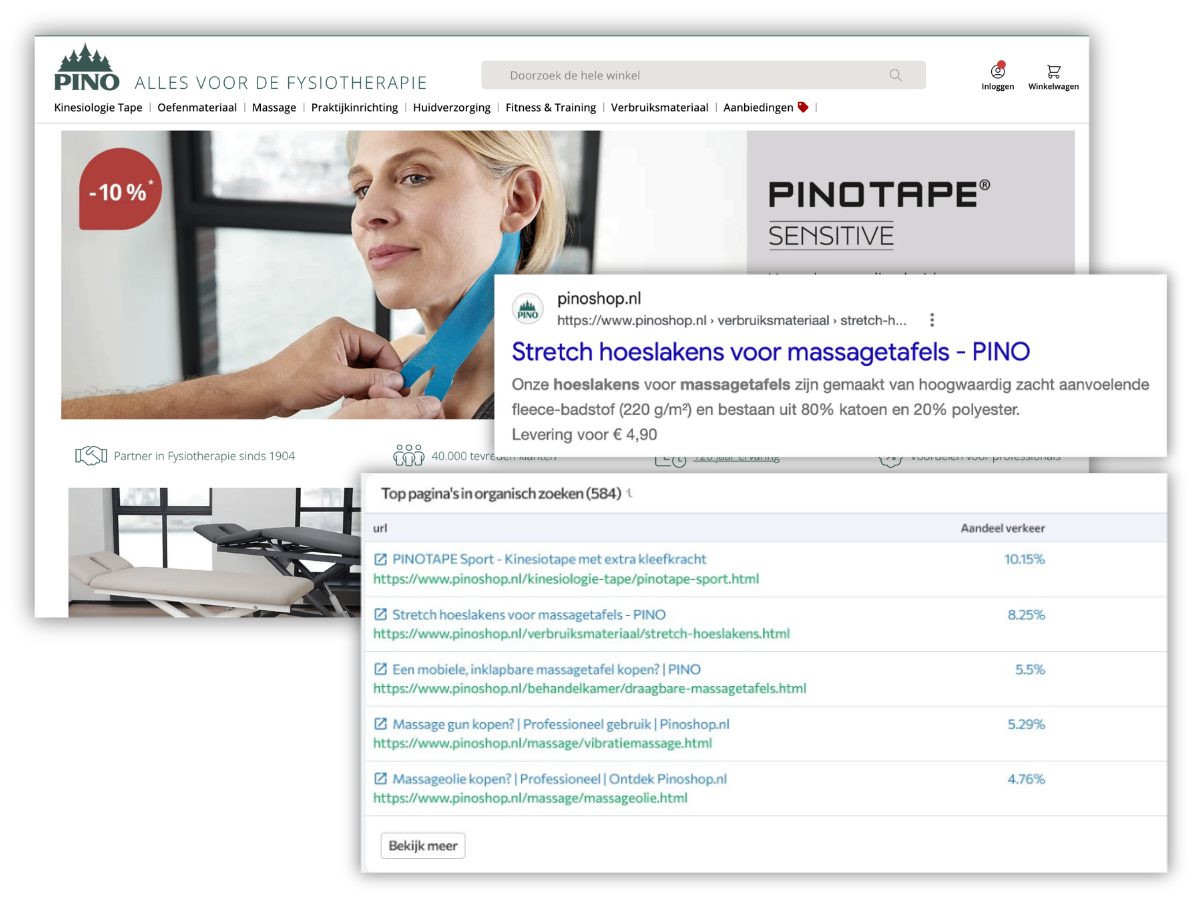 Homepage van Pinoshop met de best presterende pagina in organisch zoeken