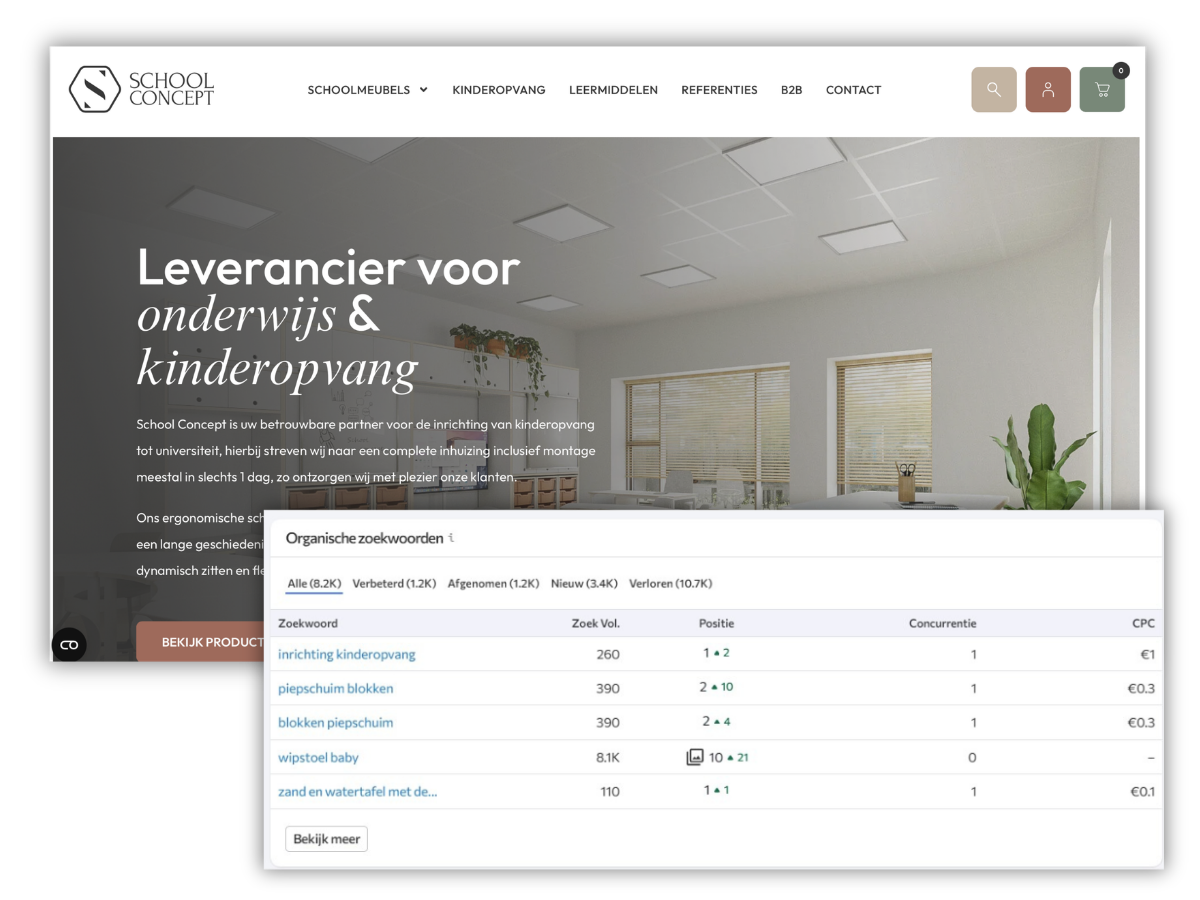 Homepage van School Concept met organische zoekwoorden en posities